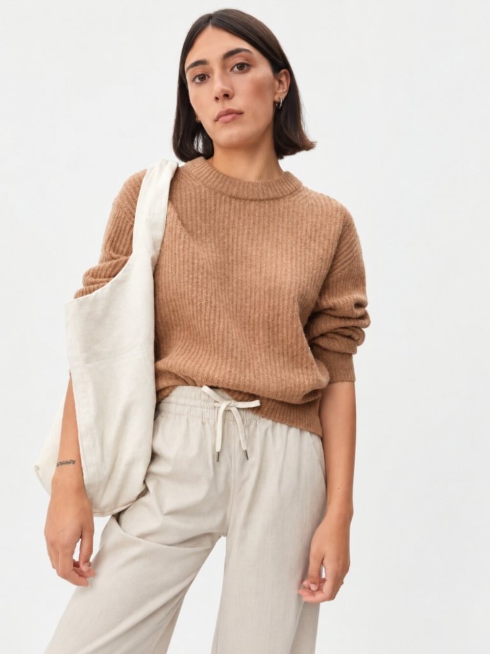 Everlane The Alpaca Crew Sweater Size S Warm Taupe Merino Wool Fuzzy Knit